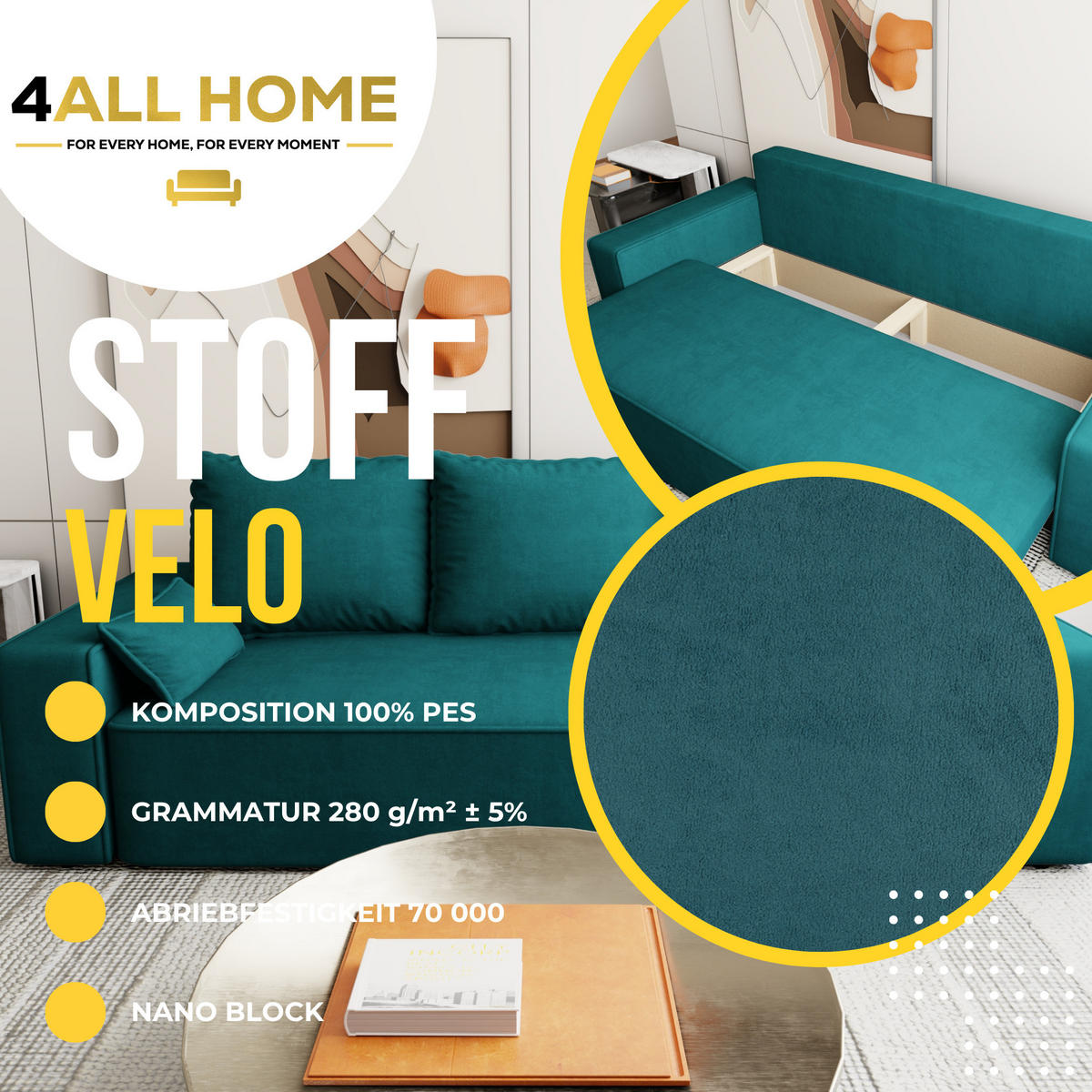 SOFA Veno mit Bettkasten und Schlaffunktion, Velourstoff - Türkis, Holzwerkstoff (242/85/95cm)