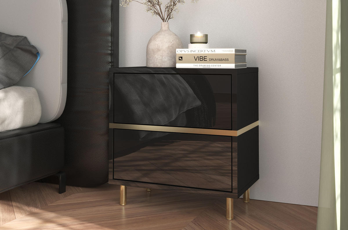 NACHTTISCH Marika, Schwarz, Gold, Hochglanz - Goldfarben/Schwarz, Holzwerkstoff/Metall (49/50.5/29.5cm) - Dancan