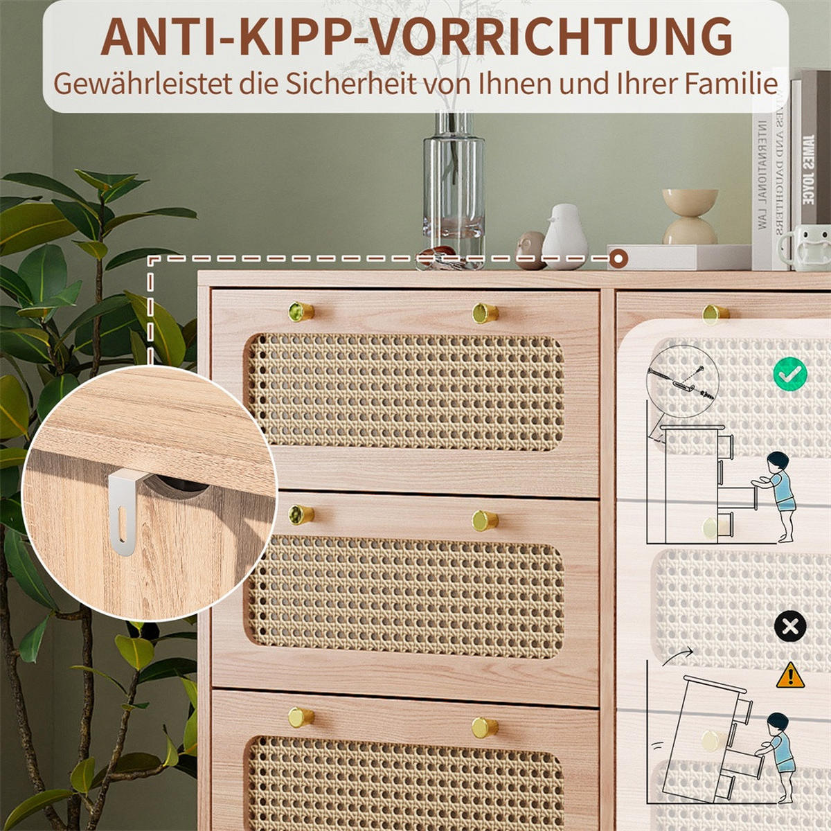 KOMMODE mit 6 Schubladen - Beine aus Massivholz - Rattan-Kommode für Wohnzimmer und Schlafzimmer - Eiche - Eichefarben, Holzwerkstoff (100/73/34cm) - DELFA