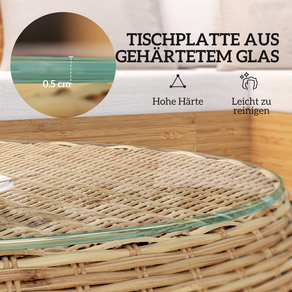BEISTELLTISCH aus Polyrattan runder Kaffeetisch mit Glas - Braun, Metall (75/75/42cm) - Outsunny