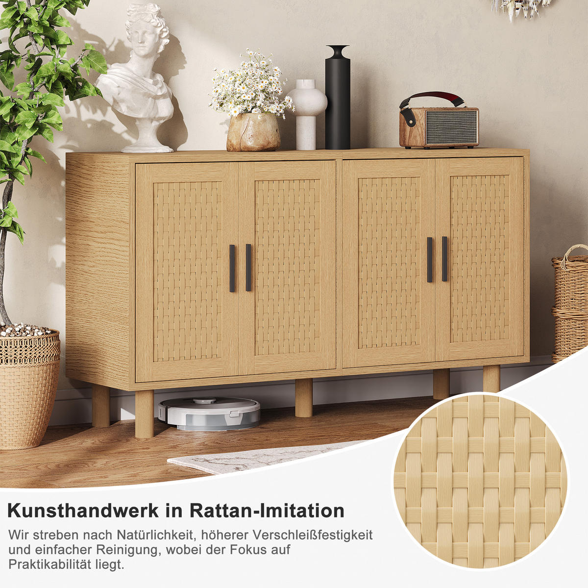 SIDEBOARD Rattan mit Türen aus Cannage, Buffetschrank verstellbare Einlegeböden, Holzoptik Natur - Naturfarben, Holz (40/80/140cm) - PARAFTA HOME