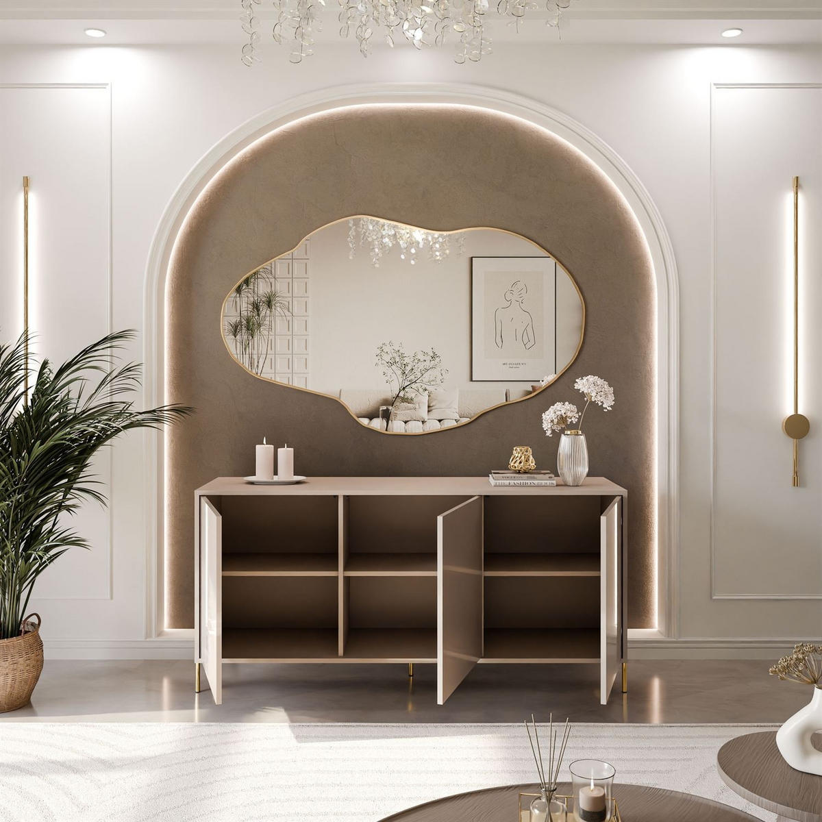 KOMMODE SANAYI Kaschmir Hochglanz – gerade goldene Beine - Kaschmir/Goldfarben, Holzwerkstoff (154/78/40cm) - Lookway