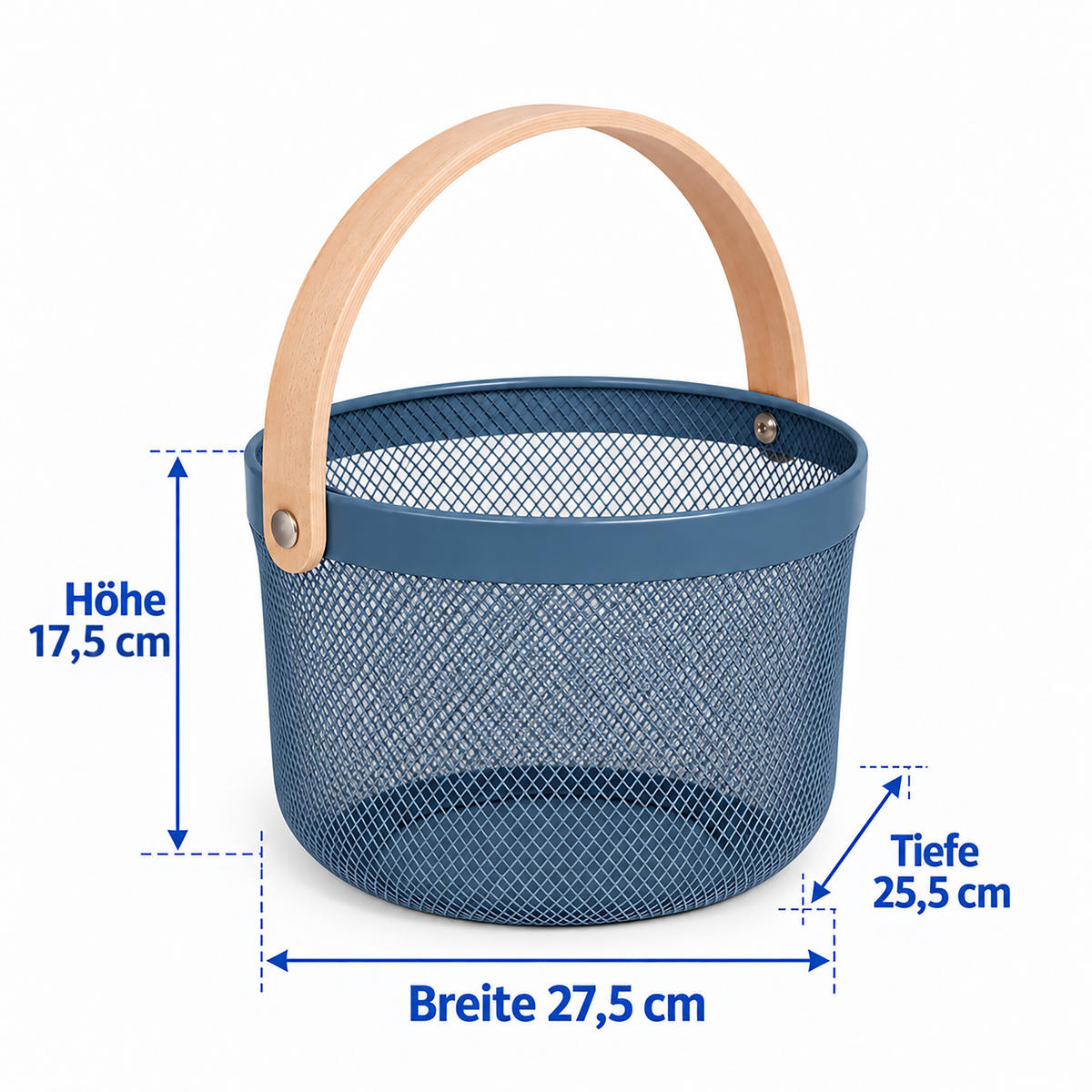 KOŠ Tmavě modrý drátěný s dřevěným uchem 27,5 cm - tmavě modrá, kov/dřevo (27.5/30/25.5cm) - Relaxdays