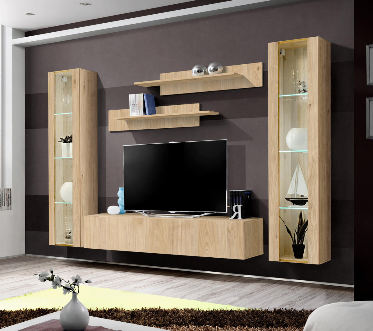 WOHNWAND Eiche Jackson 5-teilig 260 cm, Schrankwand hängend mit LED und Push-to-Open - Eichefarben, Glas/Holzwerkstoff (260/170/40cm) - Inn.Furn