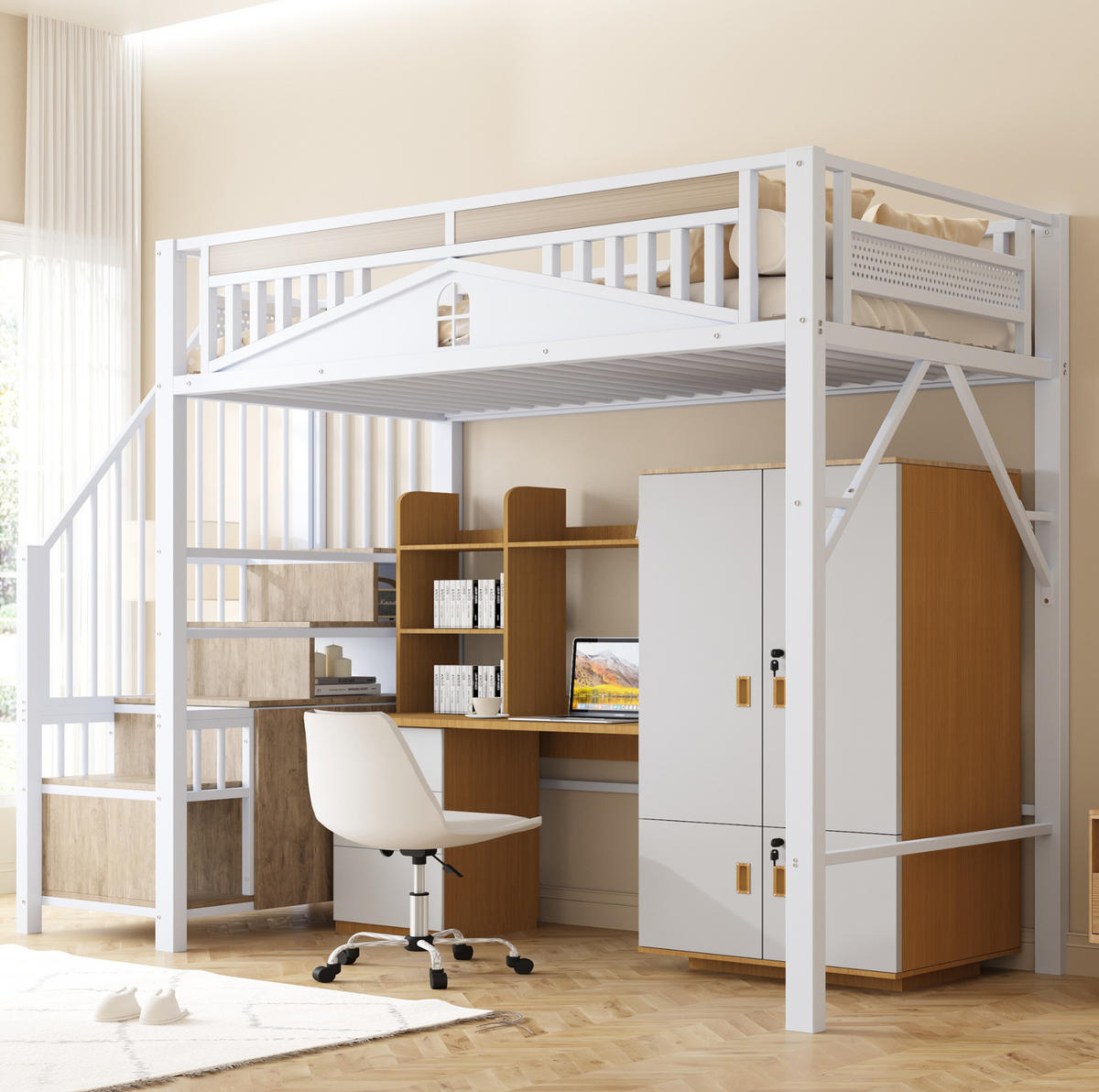 HOCHBETT 90/200 cm, Weiß mit Stauraum und Fensterdesign - Weiß, Metall (90/200cm) - MIVRAY
