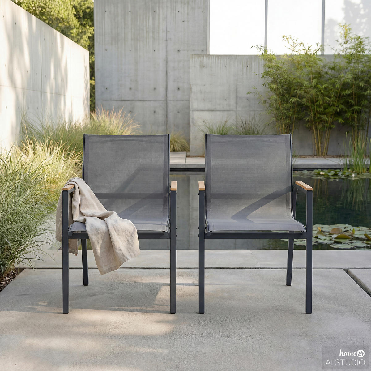 GARTENSTUHL - 2er-Set - Stahl / Olefin - Anthrazit, Textil/Metall (57/91/64cm) - home24