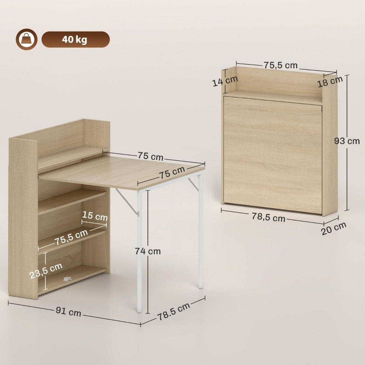 ESSTISCH aus Holz 78,5x91x93 cm Eichefarben klappbar mit 3 Regalfächern im Industriedesign - Eichefarben, Holz (91/78.5/93cm) - Modfu