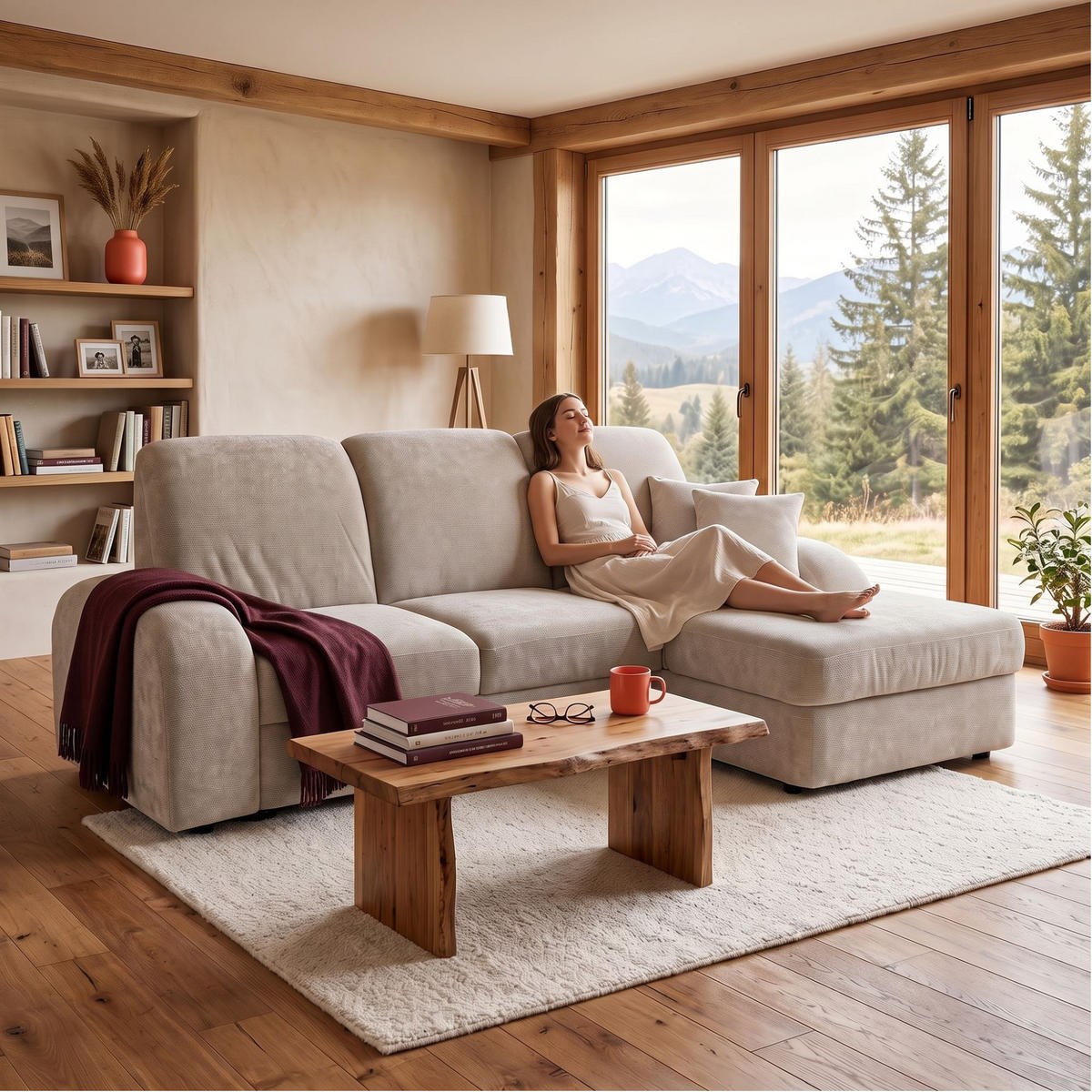 ECKSOFA VIBE S Rechts mit Schlaffunktion 130x202 Chenille Beige - Beige/Schwarz, Holz/Kunststoff (156/255cm) - Muffo