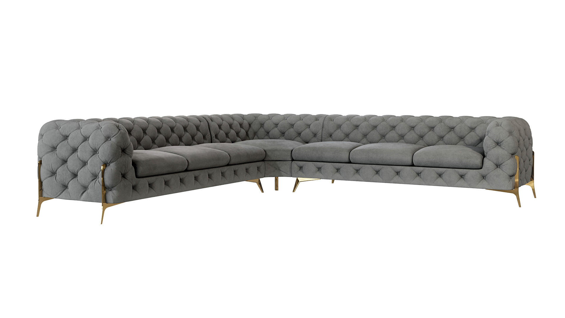 S-Style CHESTERFIELD ROHOVÁ SEDAČKA Lexi ze šedého sametu se zlatými nohami