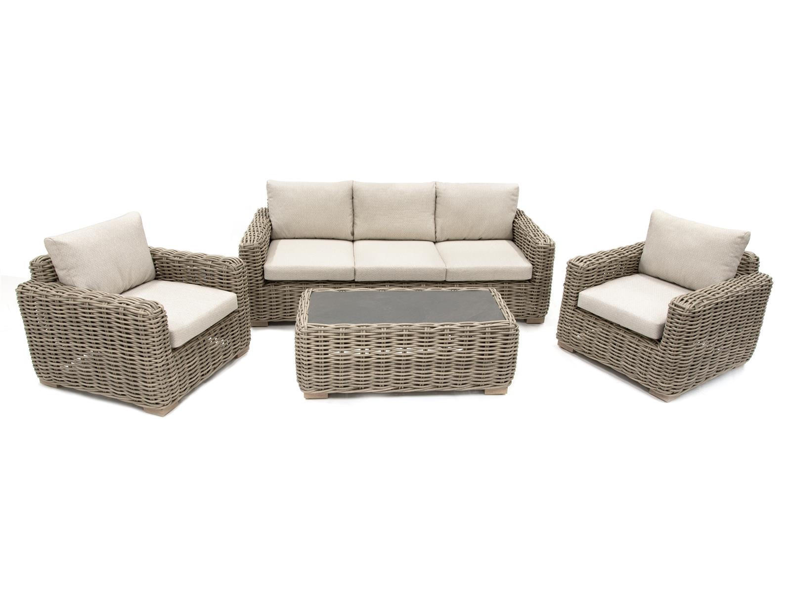 LOUNGE-SET Trinidad Beige 5-Sitzer Polyrattan Sinterstein-Tisch höhenverstellbare Füße - Beige, Naturmaterialien - Green Spirit