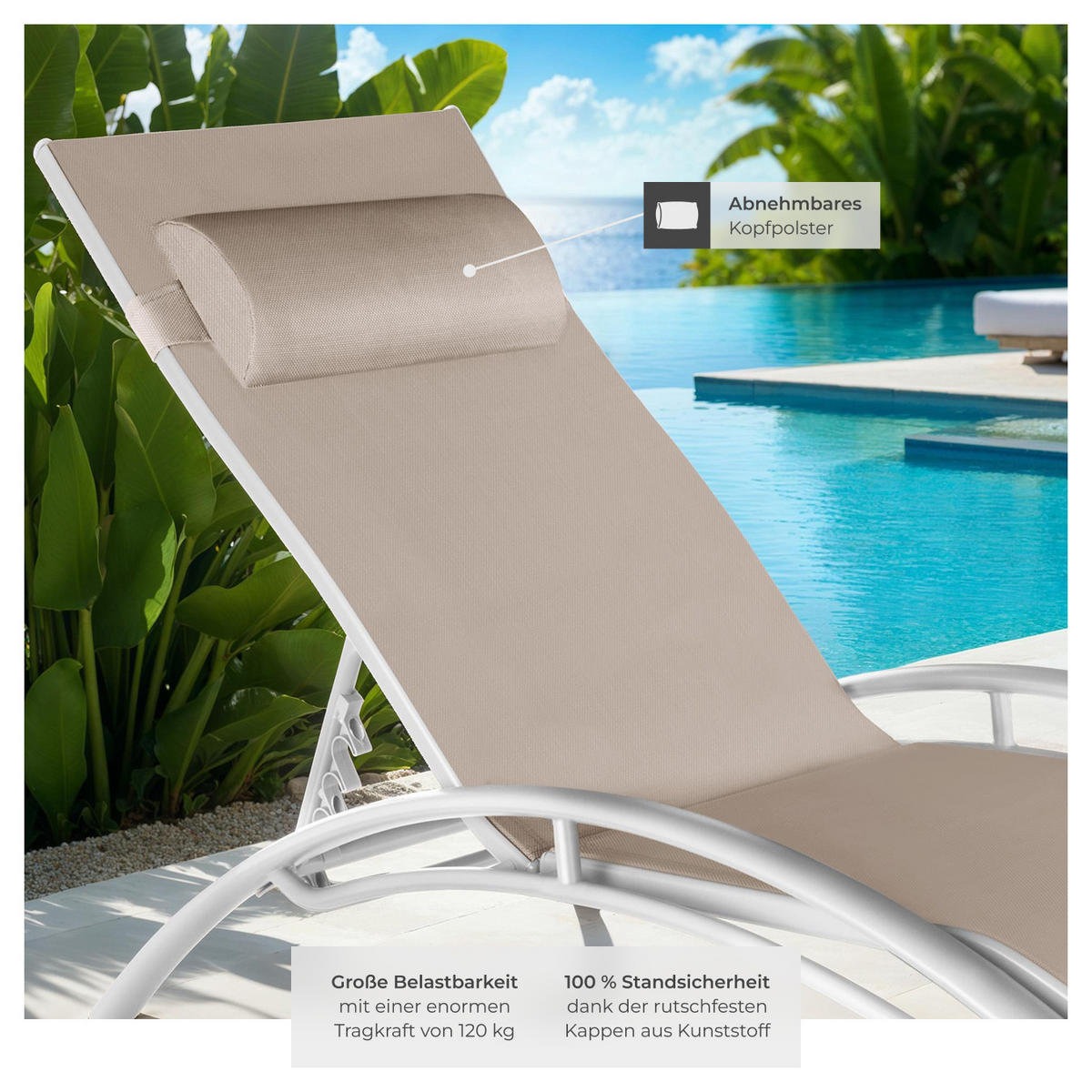 GARTENLIEGE 2er Set Alina,180 x 59 x 50 cm,beige - Beige, Kunststoff (59/81.5/180cm) - tectake