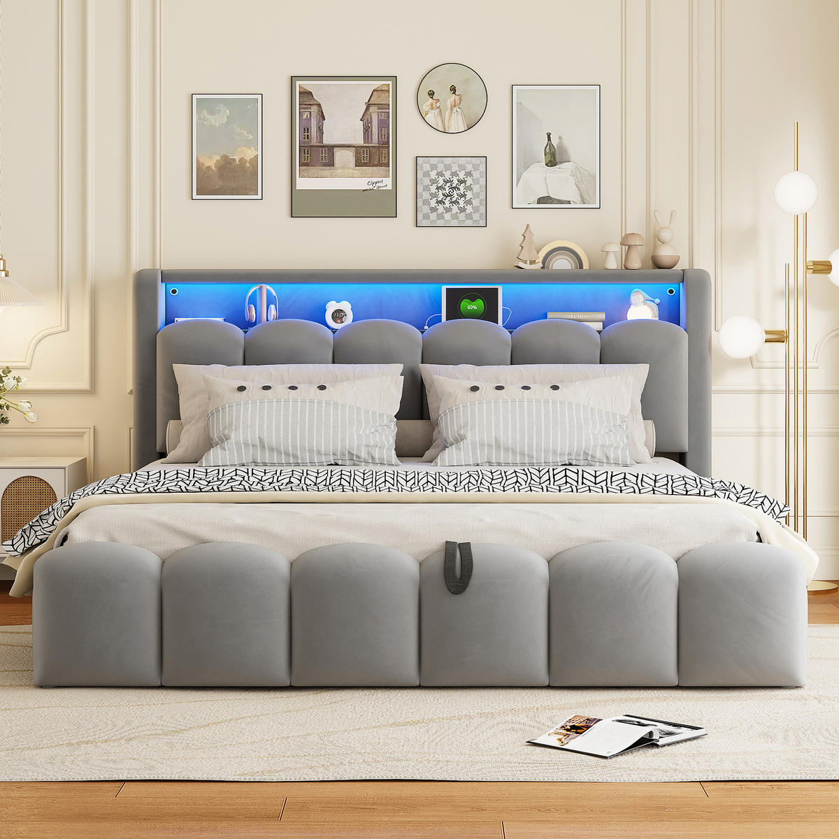 POLSTERBETT 180x200 cm LED USB Stauraum grau - Grau, Textil (180/200cm) - LEBENLANG