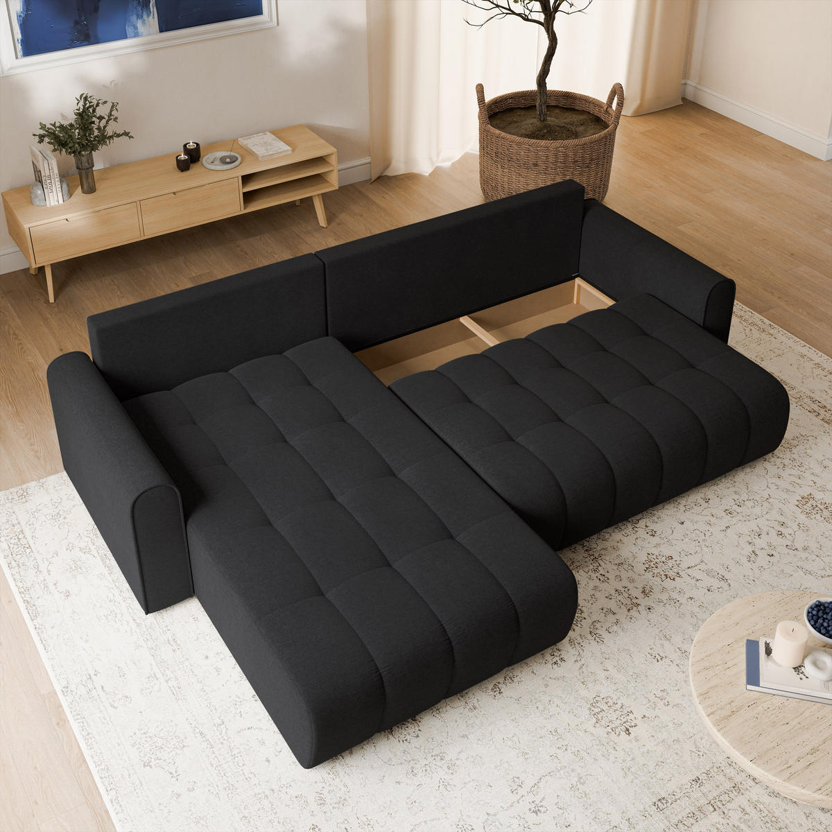 ECKSOFA FRIGA Schwarz Strukturstoff mit Schlaffunktion - Schwarz, Holz (283/185cm) - MASSENO