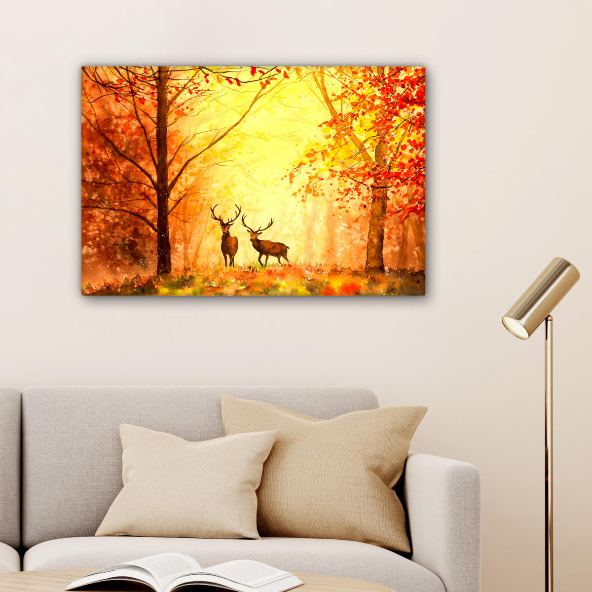 LEINWANDBILD Natur - Ölfarbe - Hirsche - Tiere - Herbst - Orange Wanddeko 90x60 cm - Orange, Textil (90/60cm) - MuchoWow