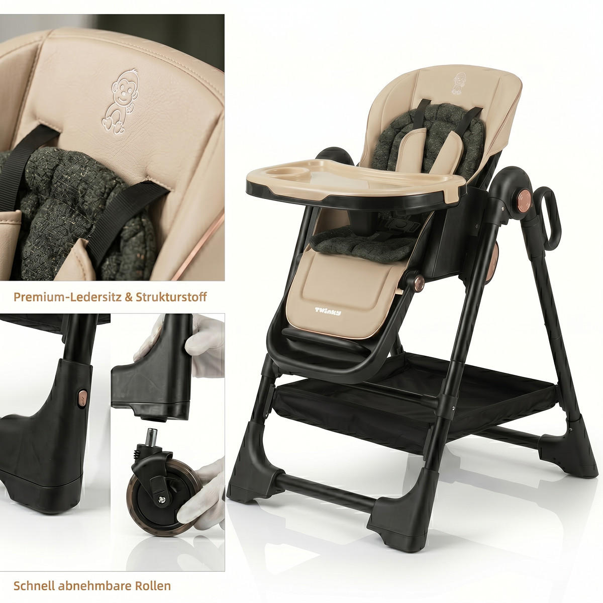 BABYHOCHSTUHL EXPLORE | Verwandlungsfähig | Beige und Schwarz - Beige/Schwarz, Leder/Kunststoff (69/110/110cm) - Twinky