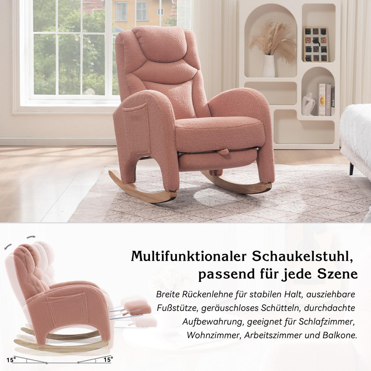 SCHAUKELSTUHL 66/125/101 cm in Rosa mit Teddybezug und klappbarem Fußhocker - Rosa, Textil (125/101/66cm) - Flora Grace