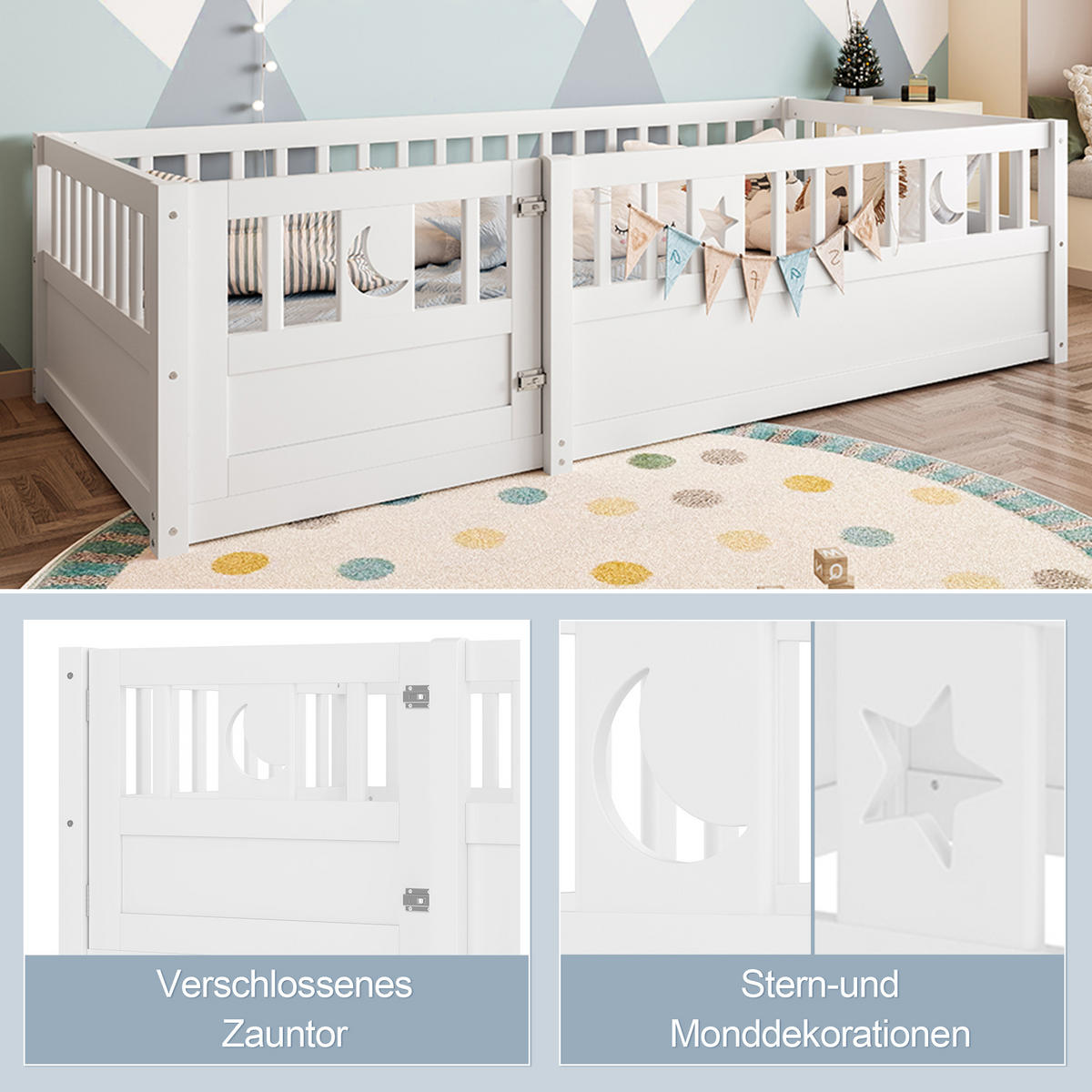 PANELBETT 90x190cm Weiß Kinderbett Gitter Stern-Mond-Dekoration - Weiß, Holz (90/190cm) - FLIEKS