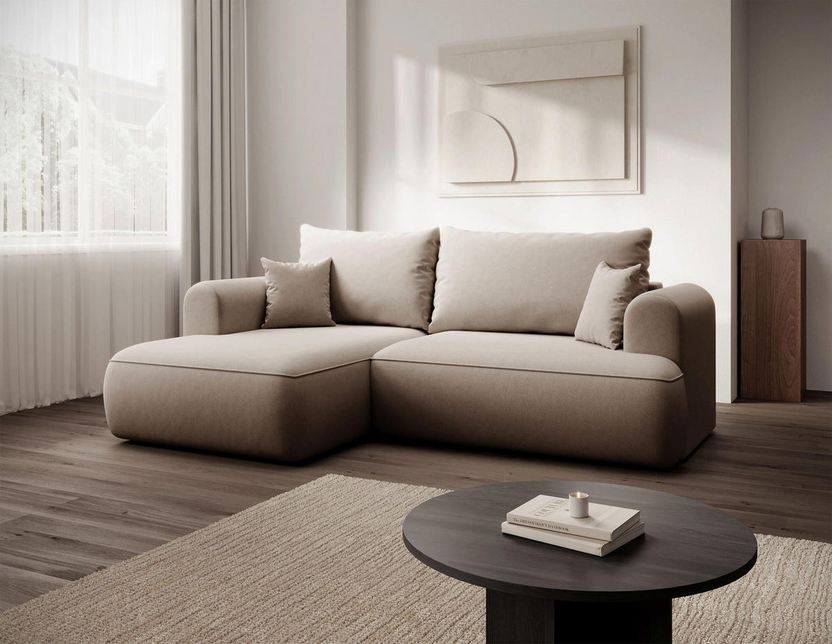ECKSCHLAFSOFA Ovo Mini Beige Easy-Clean-Samtbezug - Beige/Schwarz, Kunststoff/Textil (238/156cm) - Selsey