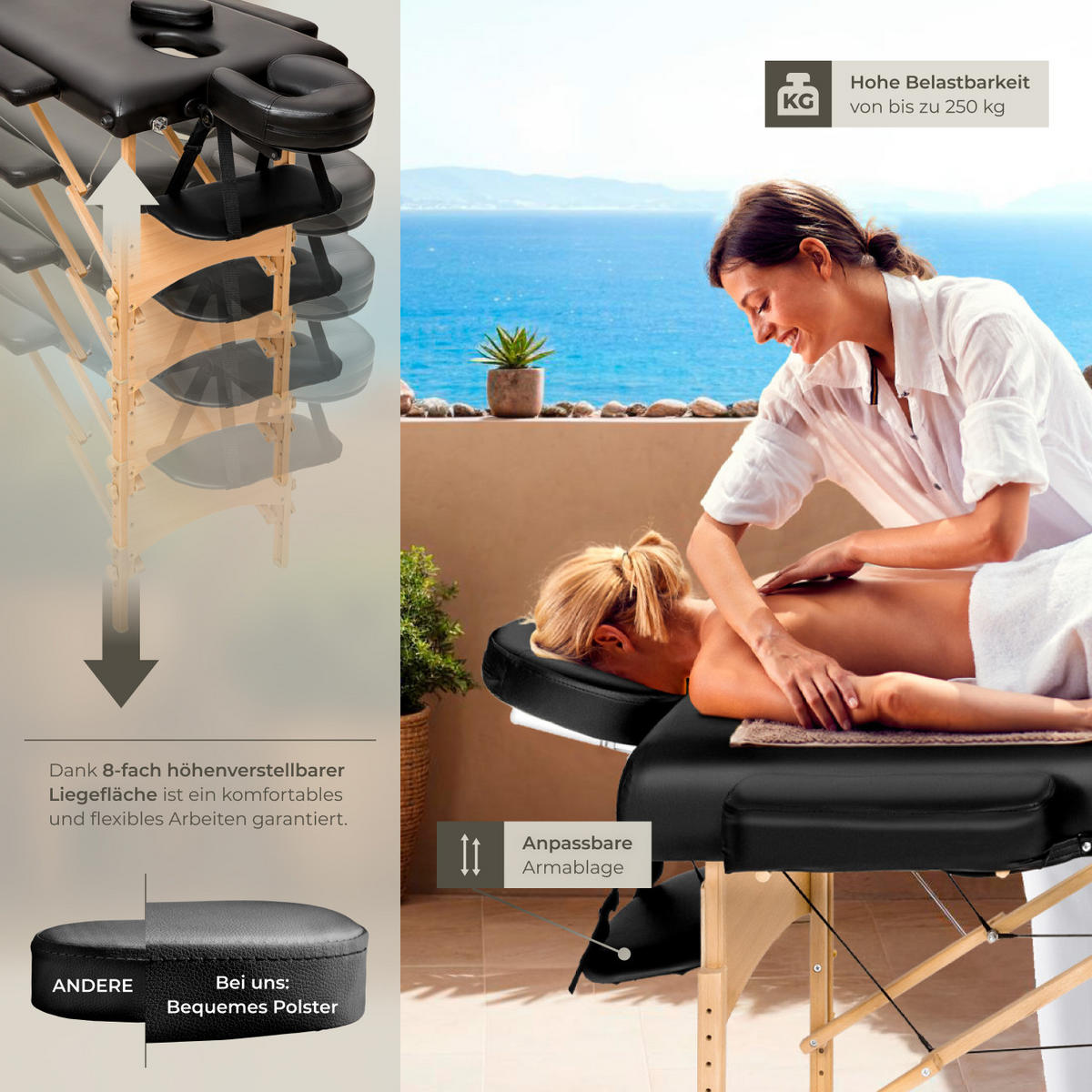 MASSAGELIEGE 3 Zonen Daniel,210 x 95 x 84 cm,schwarz - Schwarz, Holz (61/62/185cm) - tectake