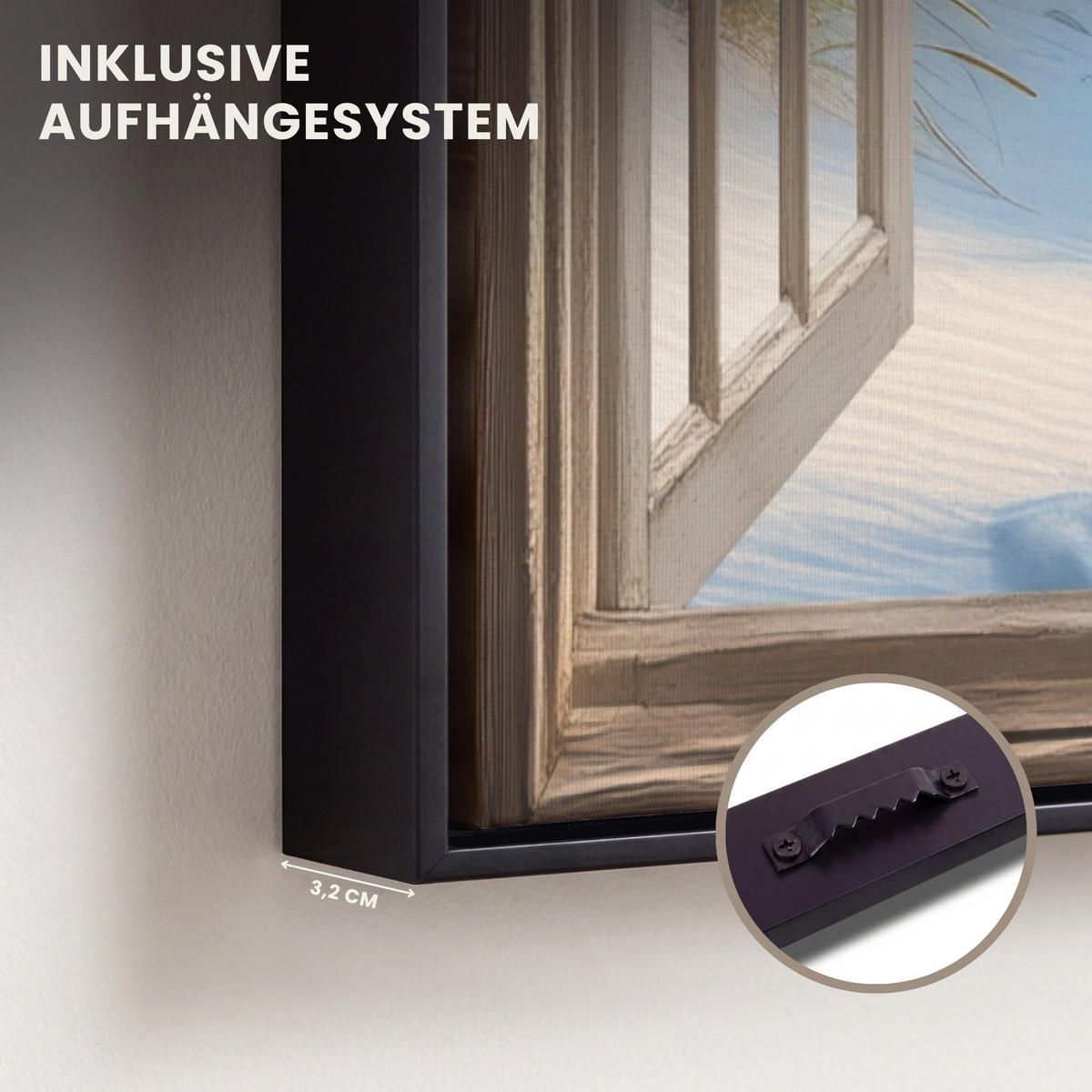 LEINWAND Bilder mit Rahmen - Aussicht - Strand - Fenster - Dünen - Meer - 60x80 - Hellblau, Textil (60/80cm) - MuchoWow