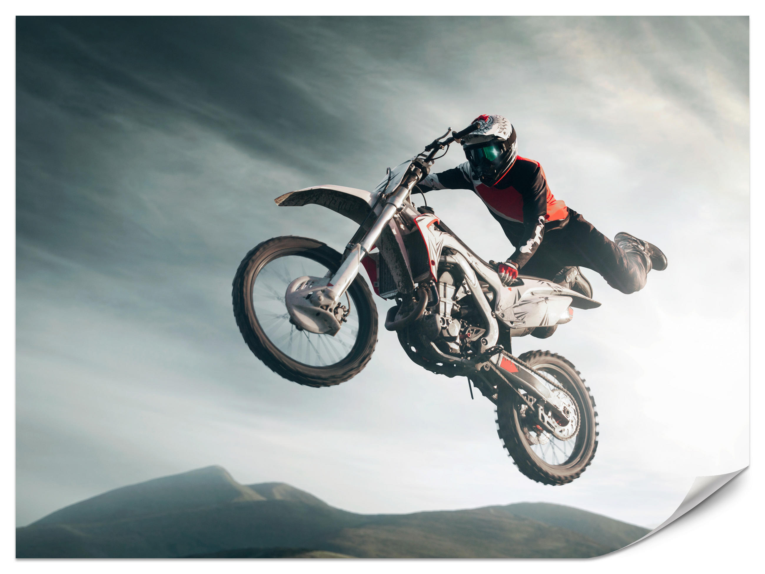 FOTOTAPETE für Jugendzimmer Motocross Sprung Mann Sport Berge Action 100x70 - Grau, Papier (100/70cm) - Muralo