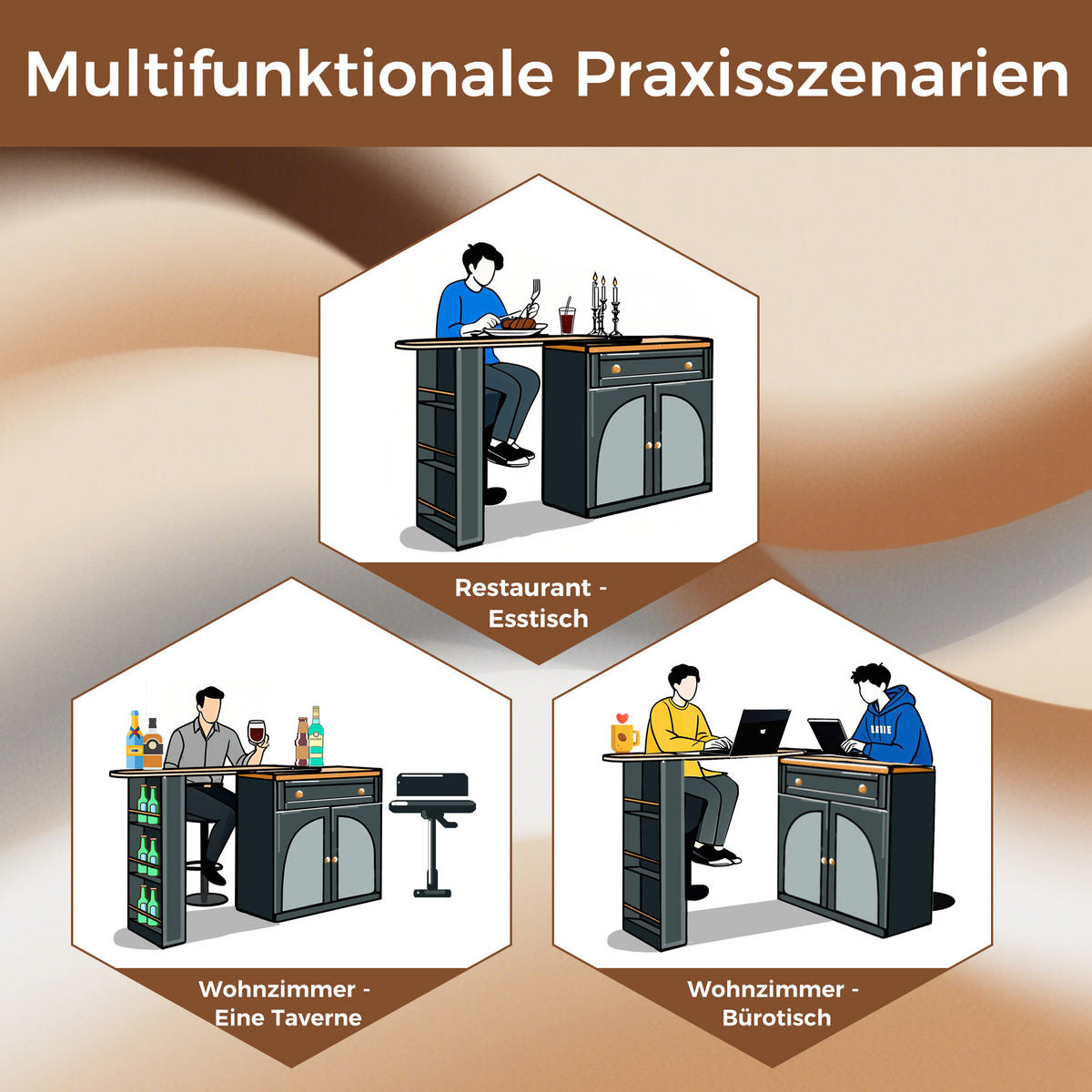 BARTISCH, MDF ausziehbar 138-204/39/104 cm mit Stauraum & 360° drehbar, Schwarz - Schwarz, Holzwerkstoff (39/104/138cm) - Redom