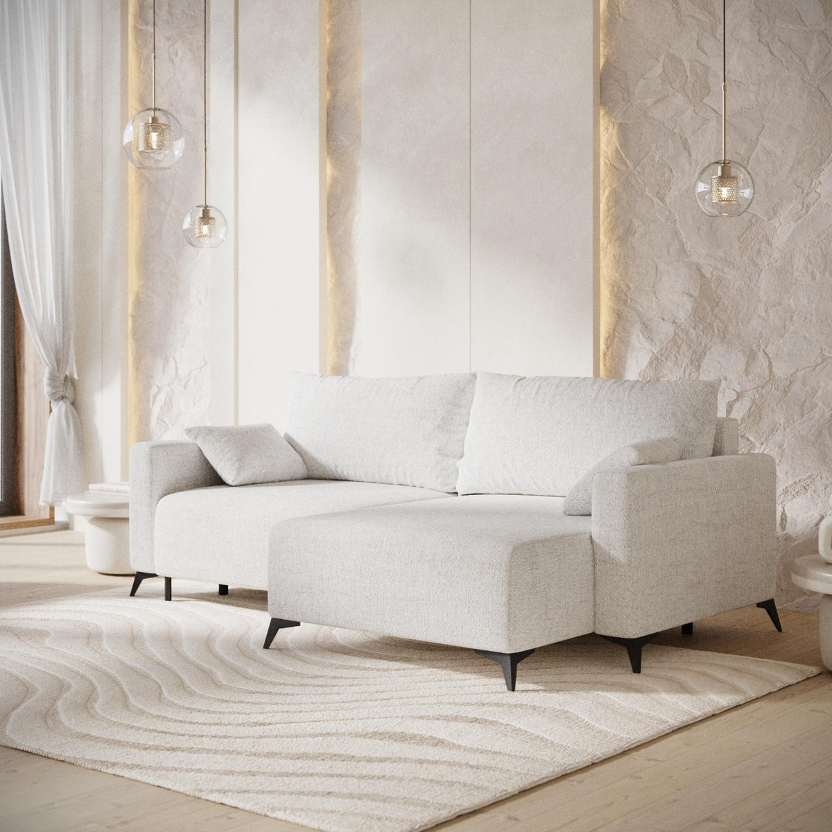 ECKSOFA NUVIO mit Schlaffunktion Creme im Neve Stoff - Creme/Schwarz, Holz/Holzwerkstoff (239/148cm) - AltaBeds