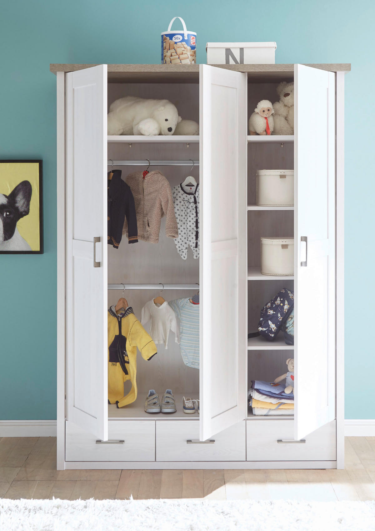 BABYZIMMER Luca in Pinie Weiß und Trüffel Landhaus 4 teilig - Weiß, Holzwerkstoff (120/200/80cm)