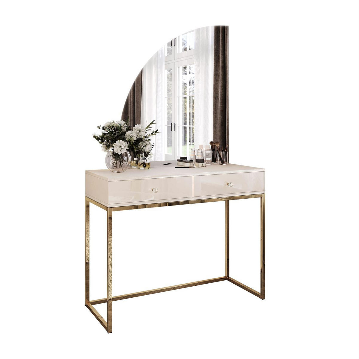 SCHMINKTISCH QUINNIE KASCHMIR mit LED-Spiegel gold Chrom links Griff Kristall - Kaschmir/Goldfarben, Holzwerkstoff (100/175/42cm) - Lookway