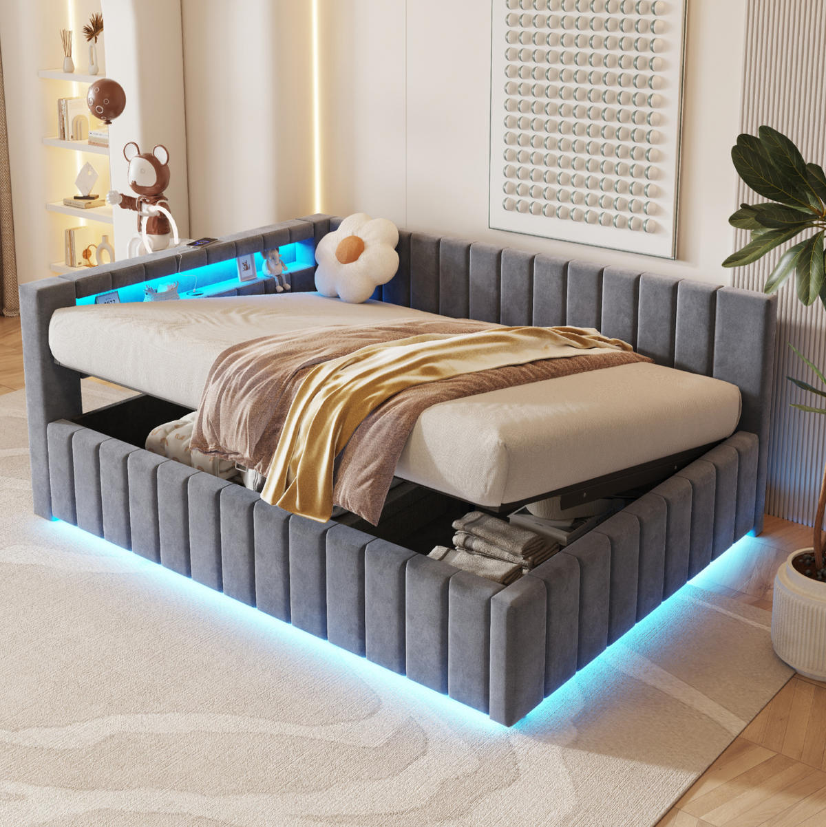 POLSTERBETT 140/200 cm aus Samt mit LED und USB, Grau - Grau, Textil (140/200cm) - OKMYHOME