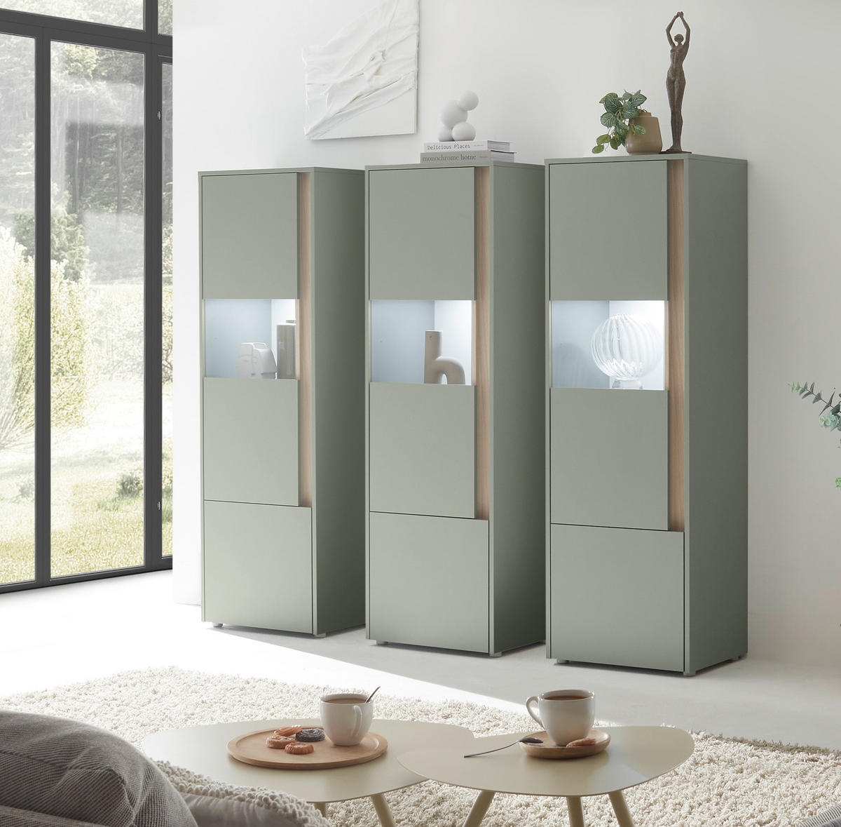 SCHANK-SET Salbei grün, Barista Eiche 190 cm, Vitrinen-Set mit 3x Vitrine je 50x 155 cm - Salbeigrün/Eichefarben, Glas/Holzwerkstoff (190/155/40cm) - Furn.Design