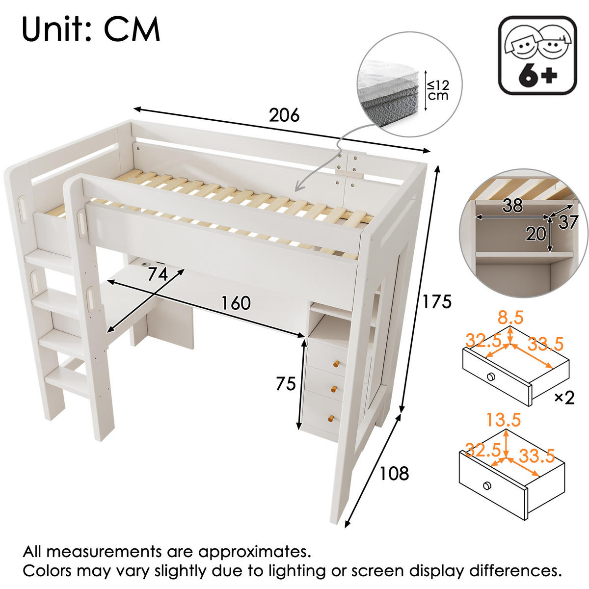 HOCHBETT 90/200 cm Weiß mit L-förmigem Schreibtisch und USB- und Type-C-Anschlüssen - Weiß, Holzwerkstoff (90/200cm) - OKWISH