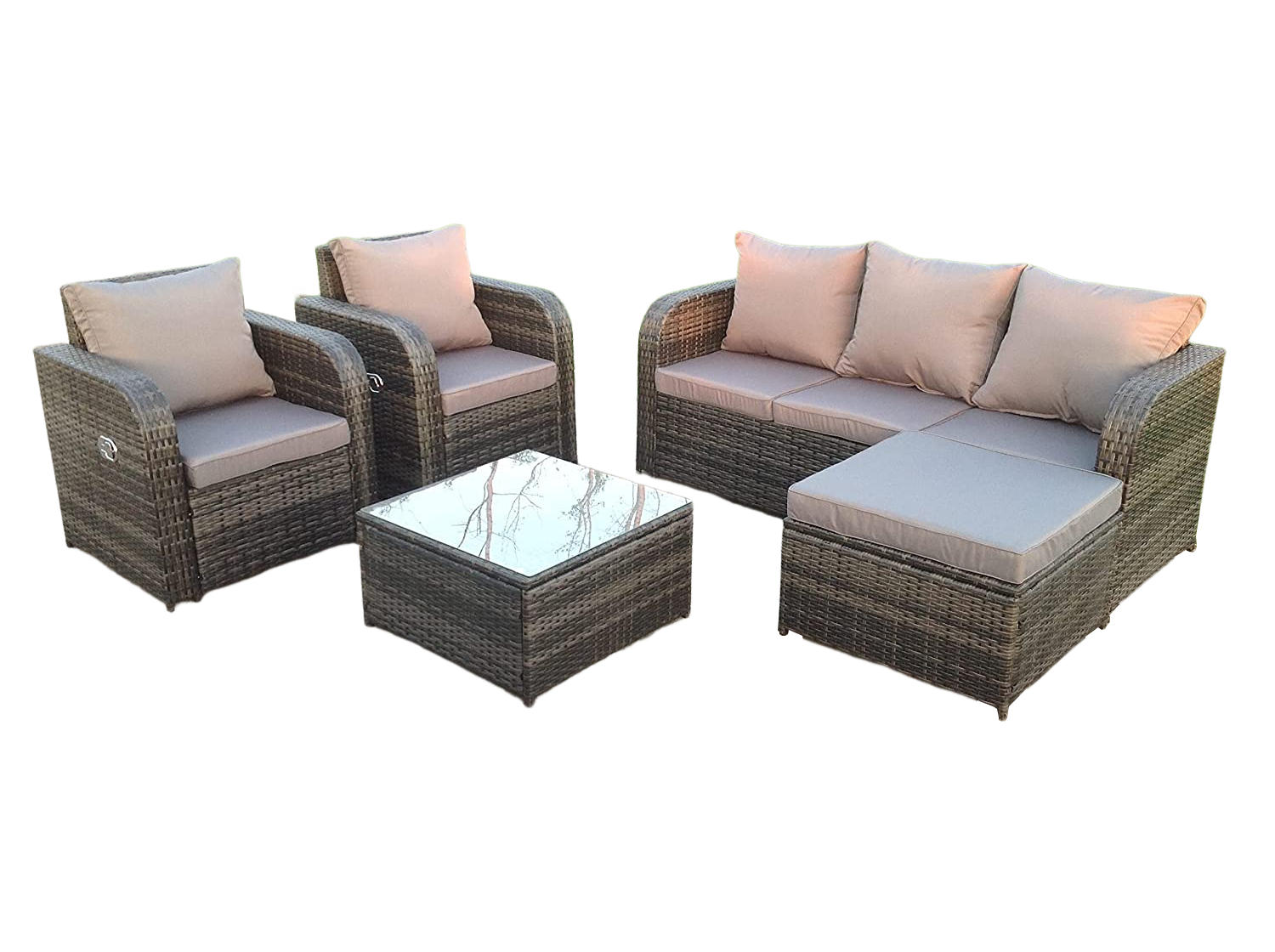 GARTENMÖBEL SET MIT LIEGESTUHL Polyrattan Outdoor 6-Sitzer - Dunkelgrau/Grau, Glas/Kunststoff - Fimous