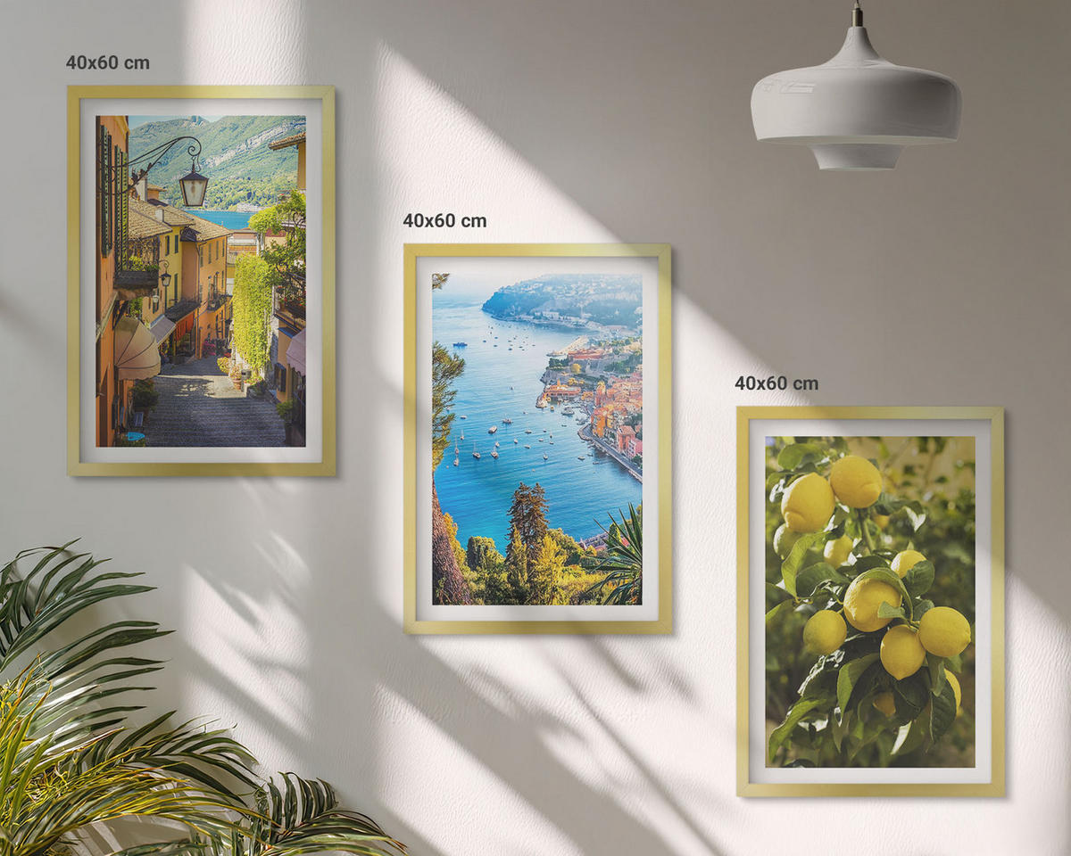 WANDBILDER 3er Set - 40x60 cm Goldrahmen - Straßen am Meer, ein Meer aus Zitronen - Goldfarben, Kunststoff (40/60cm) - ArtPrintCave