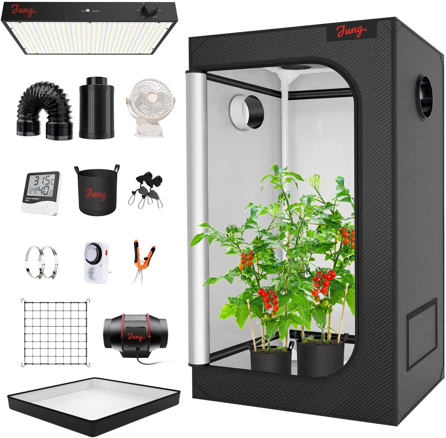 GEWÄCHSHAUS Growbox Komplettset 2, 100x100x200 cm, 200W LED, Indoor, Pflanzenzelt, Growzelt, Hydroponik, Belüftung, Lichtdicht, Zuchtset - Schwarz, Textil/Metall (100/200/100cm) - JUNG