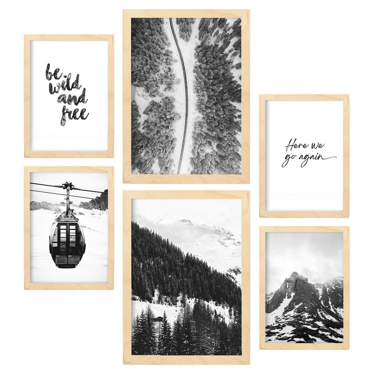 POSTER Set Mit 6 Schwarzweiß Berg Wandbild A3 & A4 Rahmen Aus Hellem Holz - Beige, Papier (29/3cm) - Nacnic