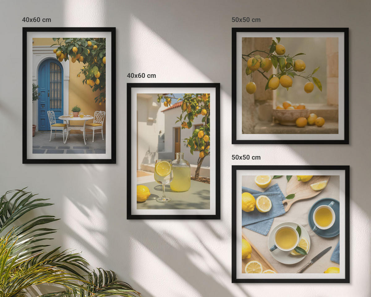 BILDER SET 4er Set - 50x50 cm & 40x60 cm Schwarzer Rahmen - Zitronenlimonade blaue Tür - Schwarz, Kunststoff (50/50cm) - TULUP