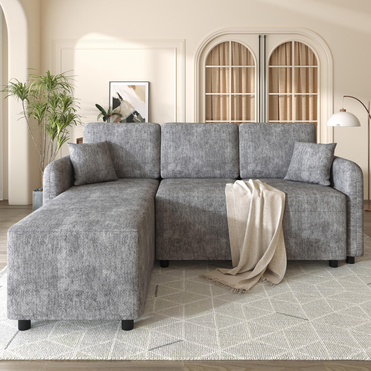 ECKSOFA 187.5/144/85.5 cm Grau Chenille mit 2 Kissen - Grau, Holz/Textil (187.5/144cm) - Oxeza