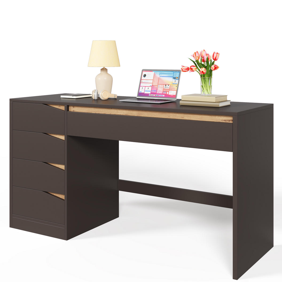 SCHREIBTISCH 140x50cm 5 Schubladen Grau Eiche - Grau, Holzwerkstoff (50/140/78cm) - FLIEKS