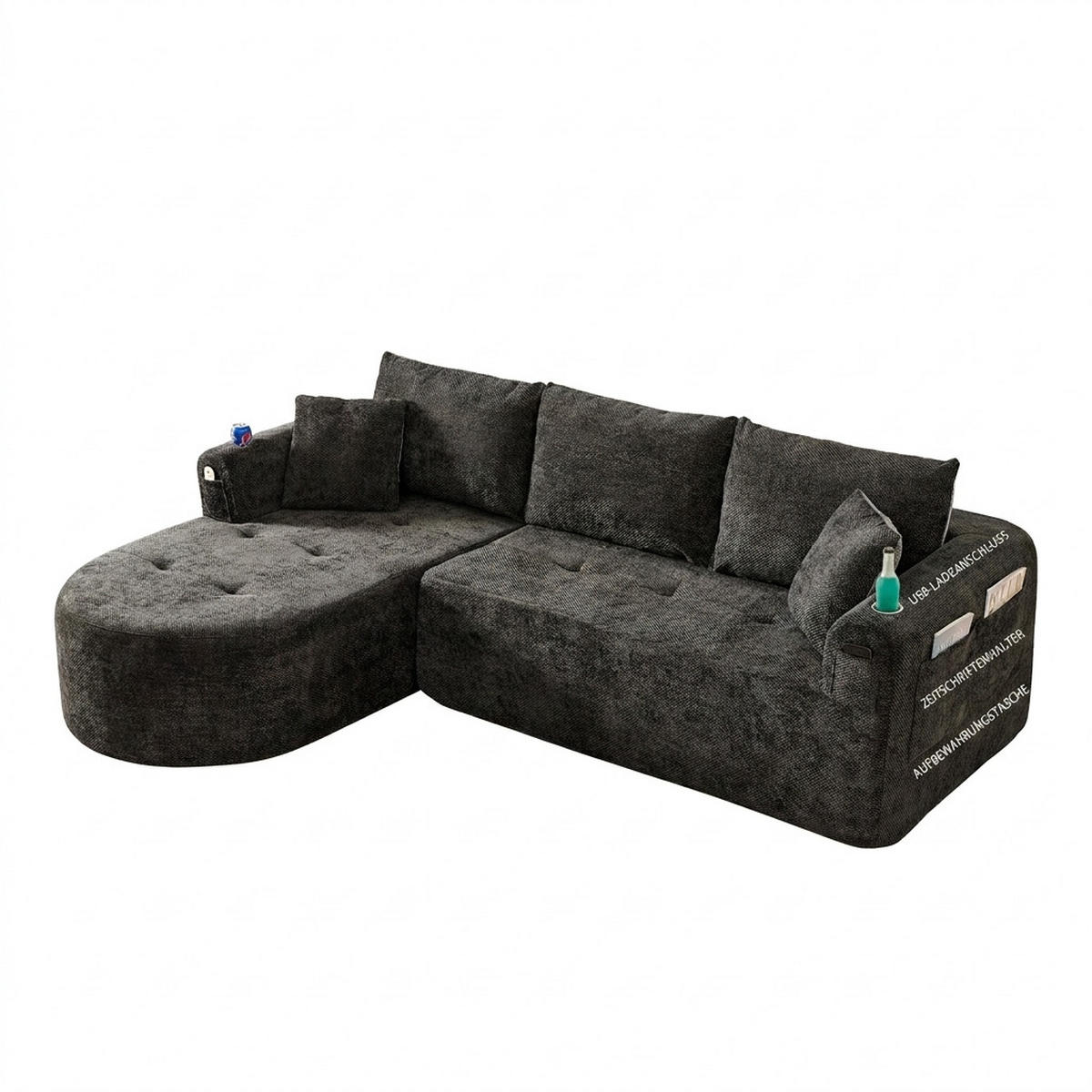 ECKSOFA 255/171/64 cm Schwarz Leinen mit 2 Getränkehalter - Schwarz, Textil (255/171cm) - Oxeza