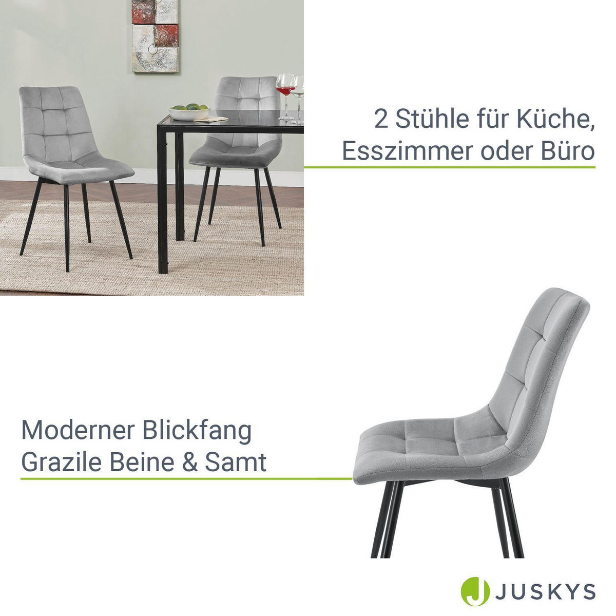 ESSZIMMERSTUHL Blanca Samt hellgrau (4er-Set) - Hellgrau, Textil (46/90/61cm) - Juskys
