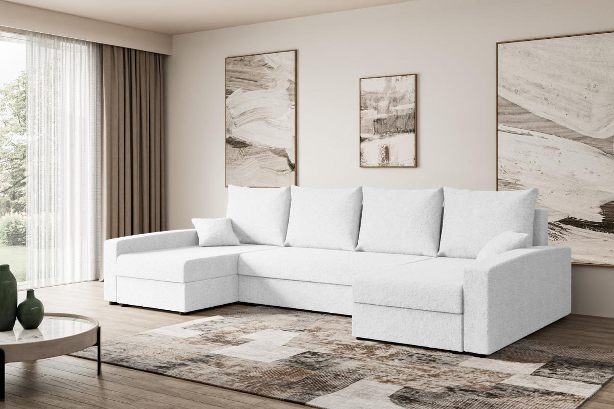 WOHNLANDSCHAFT mit Schlaffunktion und Bettkasten ALESIA-U 301x140x90 cm Weiß Bouclé - Silberfarben/Weiß, Holzwerkstoff/Kunststoff (301/90/140cm) - ALTDECOR