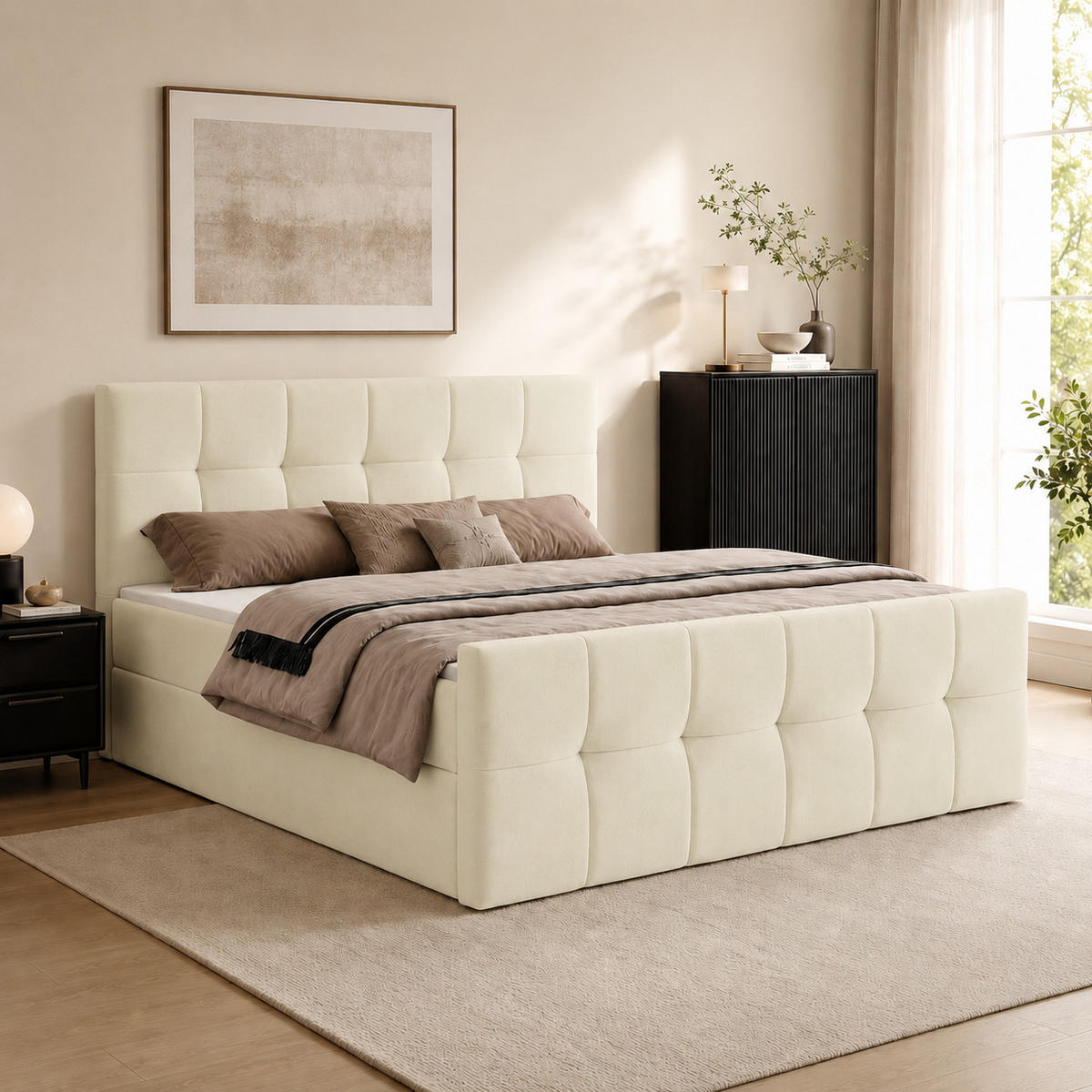 BOXBETT AUREN FRONT 160x200 cm Komplett-Set mit Bonell-Matratze, Topper und Bettkasten, Samt Platinfarben - Platinfarben, Textil (160/200cm) - Luxkor24