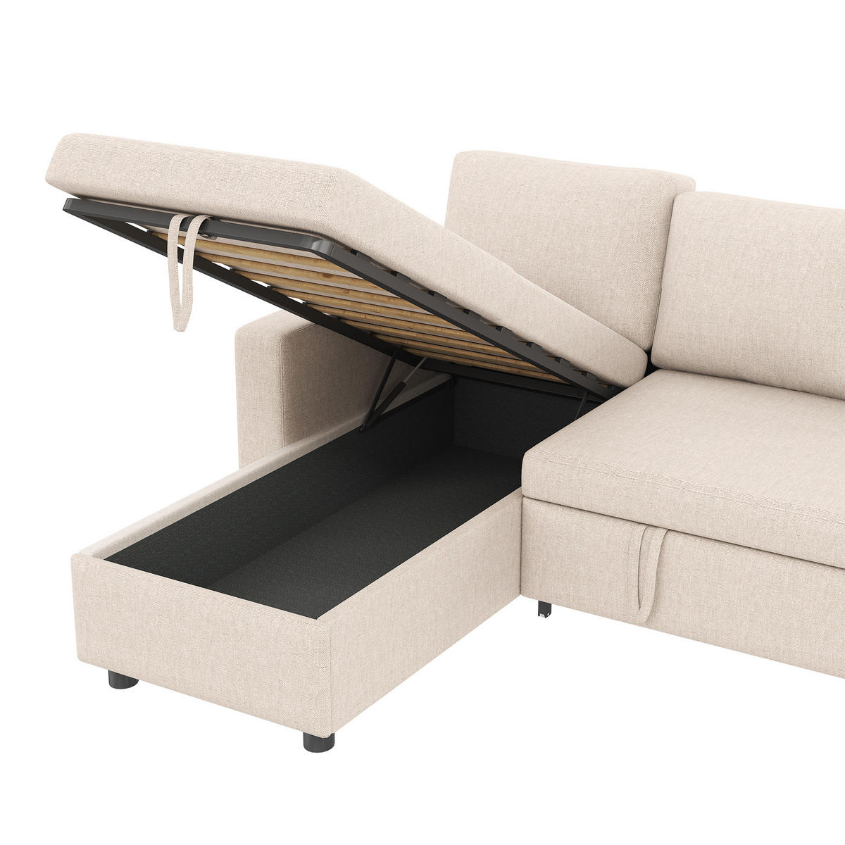 ECKSCHLAFSOFA Leinen Beige mit Stauraum, Schlaffunktion und mit Kissen - Beige, Holzwerkstoff/Kunststoff (219.5/142.5cm) - WISHDOR