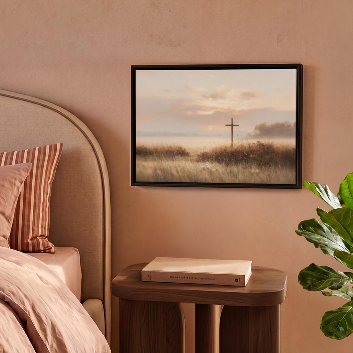 LEINWAND Bilder mit Rahmen - Gras - Morgennebel - Kreuz - Christentum - 40x30 - Beige, Textil (40/30cm) - MuchoWow