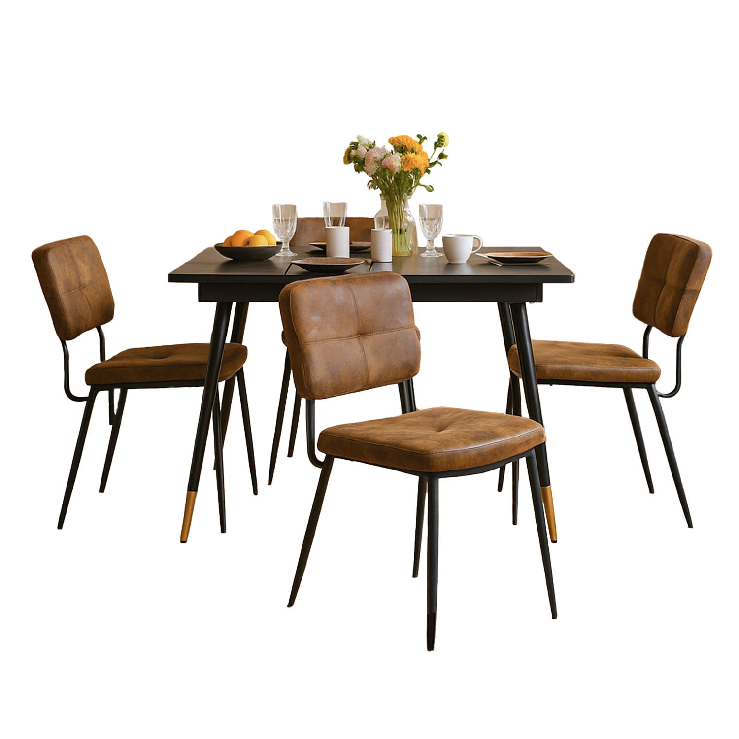 ESSGRUPPE mit ausziehbarem Esstisch, goldenen Beinen und 4 Stühlen in Wildlederoptik, Schwarz - Multicolor/Schwarz, Metall (45/82/43cm) - Meubles Cosy