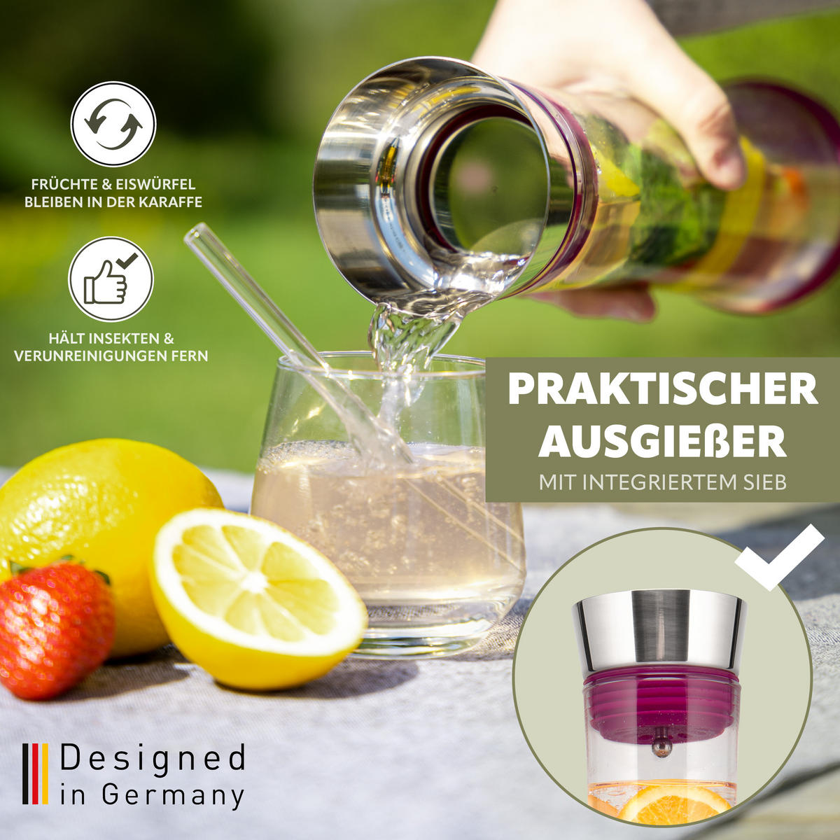 GLASKARAFFE 1 Liter CAROLA, lila, Edelstahl, Silikon - Magenta, Glas (1L) - bremermann