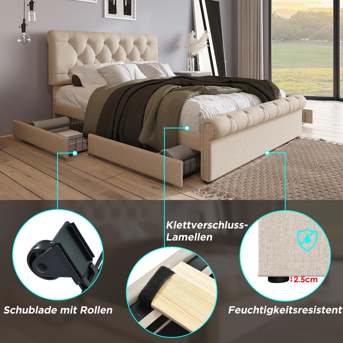 POLSTERBETT 140/200 cm mit 4 Schubladen, höhenverstellbarem Kopfteil und Matratze, Natur - Naturfarben, Metall - Redom