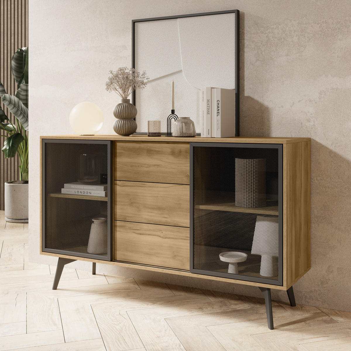 SIDEBOARD MOTTI KSZ144 144 cm (Barock Eiche, Glas-Schiebetüren, Push to Open, Schwarze Details) - Eichefarben/Schwarz, Glas/Holz (143/85/39cm) - Ravio
