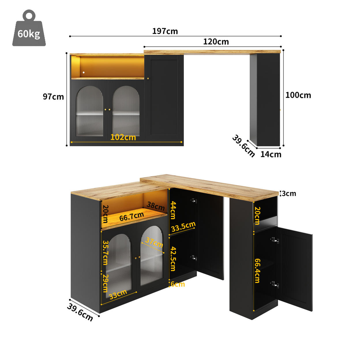 BAROVÝ stůl z MDF 197/39,6/100 cm s otočnou deskou 360°, LED osvětlením a skleněnými dvířky, Černá - černá, kompozitní dřevo (39.6/97/108cm) - Redom